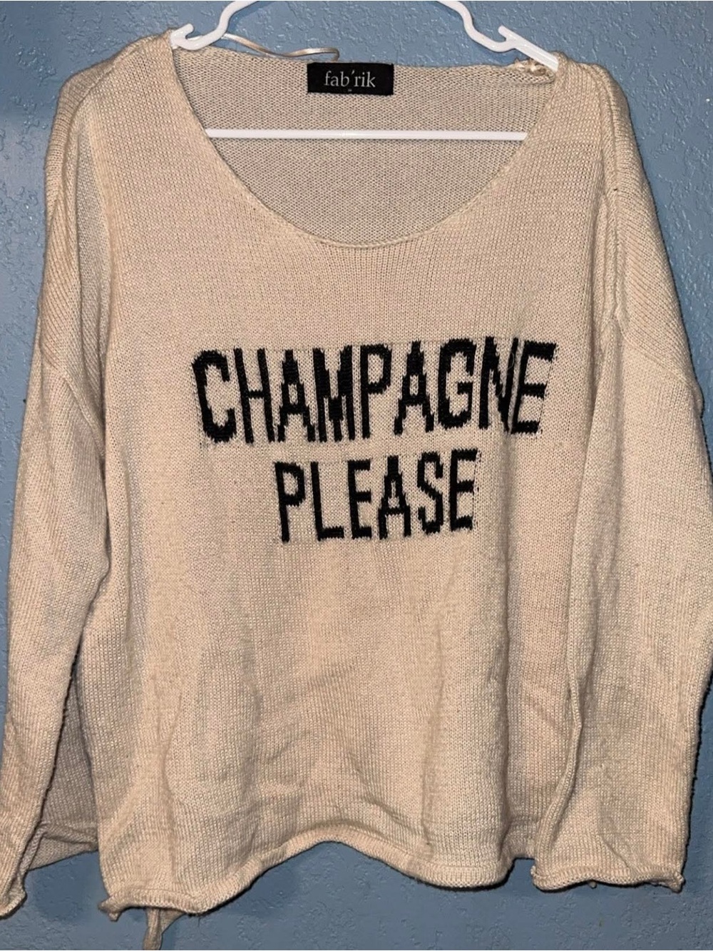 fab'rik Cream Crewneck Sweater with Black 'CHAMPAGNE PLEASE' Text